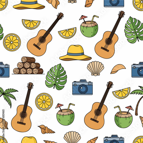 A colorful seamless repeat pattern showing summer vacation icons, perfect for textiles, backgrounds or any design needing a playful and summery feel.