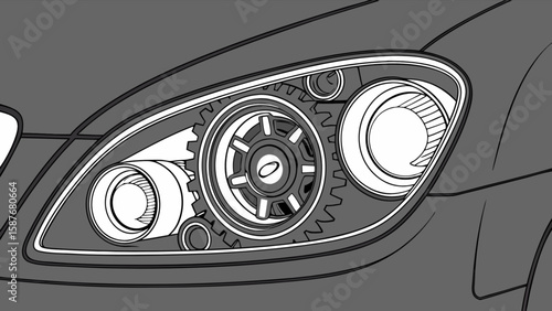 Automotive headlight assembly with gear mechanism illustration for car technology and design concept