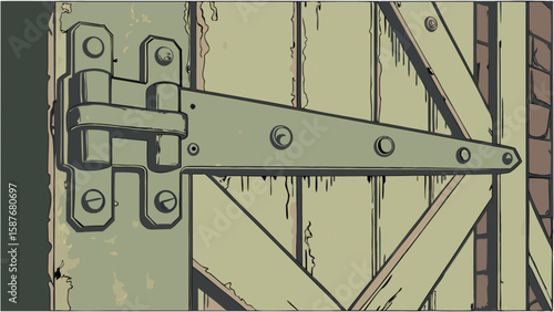 Illustration of a rustic wooden door with metal hinge hardware and aged weathered texture design element