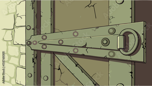 Medieval castle door illustration with metal hinge and stone wall for game asset design resource
