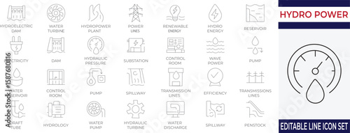 Detailed line icon set covering hydroelectric dams, turbines, and energy flow. Perfect for clean energy, engineering, and sustainability-themed projects.