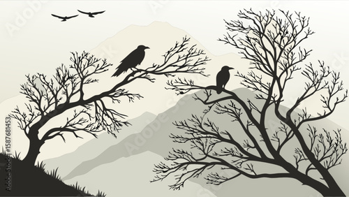 Silhouette landscape of crows in trees with mountains background vector illustration art design