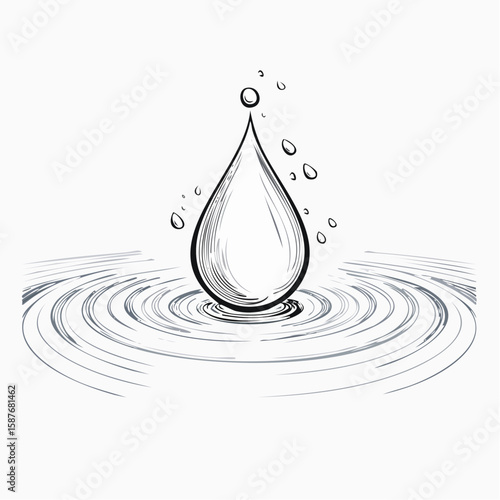 Raindrop hitting surface with splash crown and ripples, drawn in precise vector form.