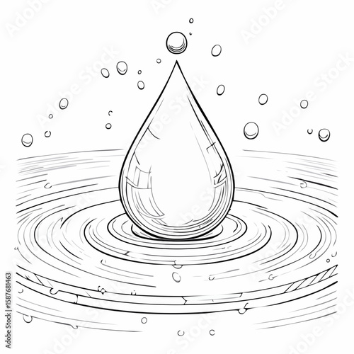 Raindrop hitting surface with splash crown and ripples, drawn in precise vector form.