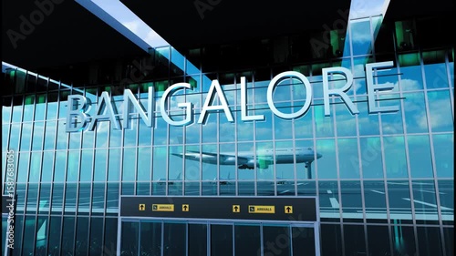 Airlane landing at Bangalore. Arrival in the city with reflection of airport and aircraft