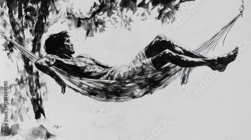 Black and white sketch of man resting in hammock