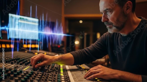 Closeup view of professional sound engineer working on audio mixing console in recording studio