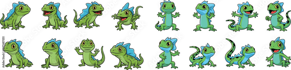 Obraz premium Cartoon vector set of green and blue frilled lizards in various poses and expressions isolated on white background.