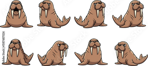 Set of cartoon walruses with different expressions and poses on a white background.