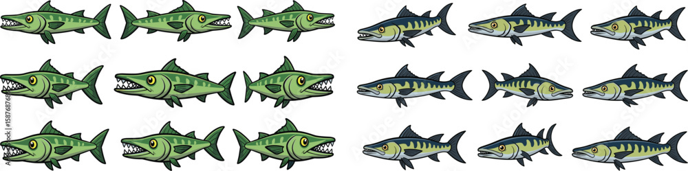 Fototapeta premium Cartoon barracuda fish group swims with different colors isolated on white