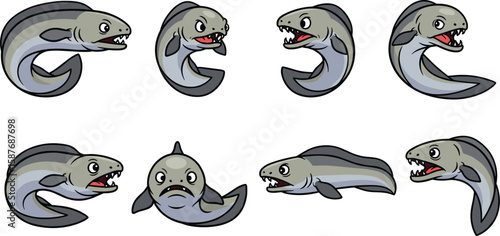 Cartoon eel set in various poses with angry expressions, on a white background.