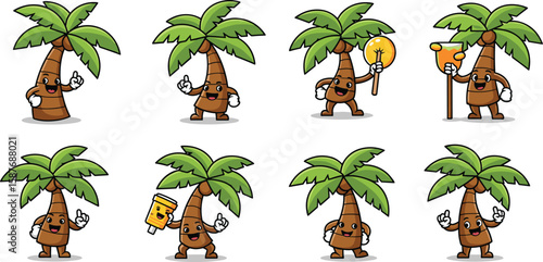 Cartoon palm tree character set holds drinks, lightbulb, poses, has arms, legs, happy