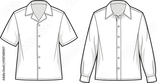 Men’s Shirt Front Flat Sketch with Short and Long Sleeve, Fashion CAD Template for Apparel Designers, Vector Technical Illustration