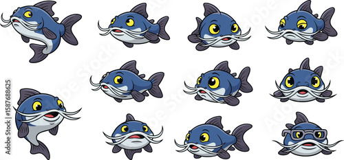 Cartoon illustration of playful blue catfish characters with white mustaches and various expressions