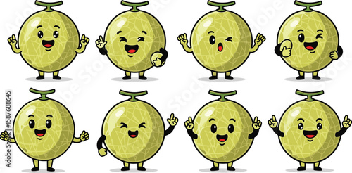 Cute cantaloupe cartoon character set with different poses and expressions.