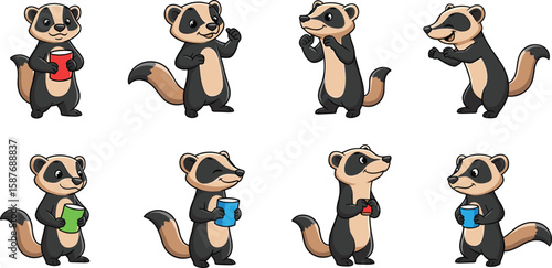 Cartoon honey badgers in various poses hold colorful cups vector illustration