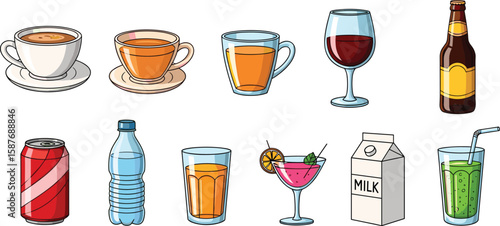 Cartoon drinks assortment: coffee, tea, juice, beer, soda, water, cocktail, milk, and smoothie.