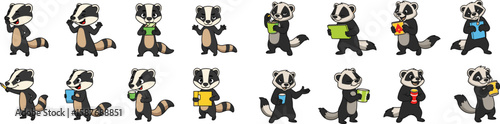 Cartoon badgers set with striped faces holding pencils, books, and cups in a playful arrangement.