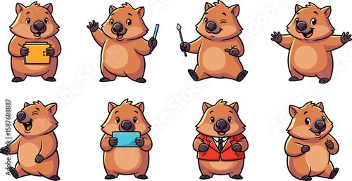 Wombat cartoon character poses set: holding, waving, winking, spreading arms, walking, wearing a suit.