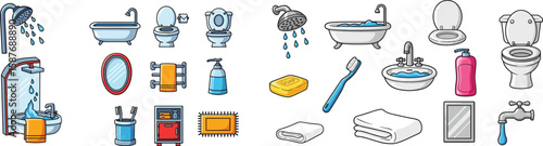 Bathroom supplies cartoon vector illustration set isolated on white background