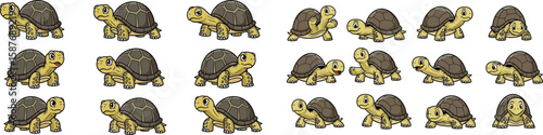 Cartoon vector illustration of a set of turtles with brown shells and tan bodies in different poses.