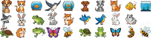 Cartoon illustration of various cute pets and animals.