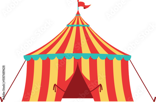 Illustration of a red and yellow striped circus tent with a flag on top isolated