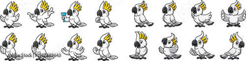 Cartoon set of cockatoos in various poses and expressions on white background.