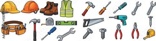 Cartoon builder's tools and safety gear isolated on white background.