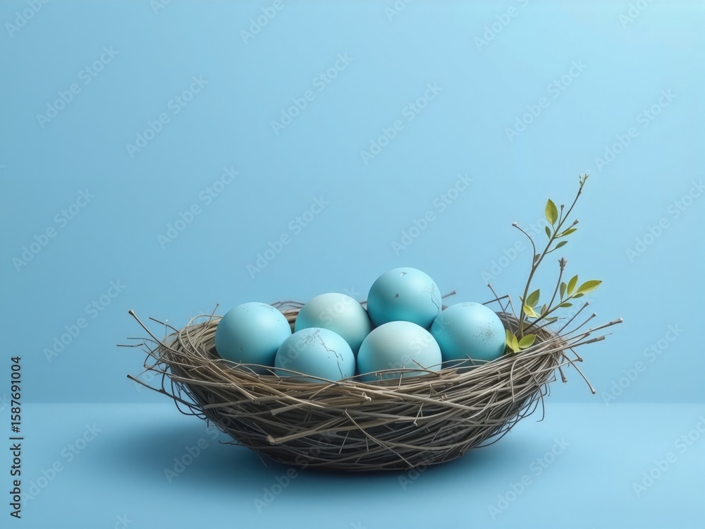 Obraz premium Blue Eggs in Nest on Blue Background