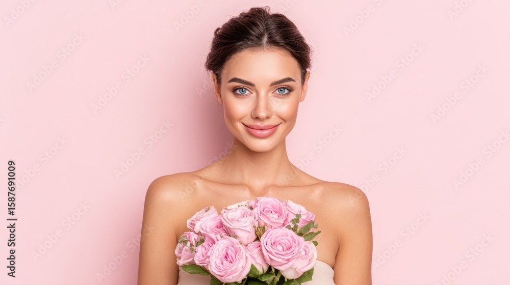 Woman smiling, holding a bouquet of pink roses against a soft pink background, exuding elegance and beauty. Woman smiling, holding a bouquet of pink roses against a soft pink background, exuding elegance and beauty.