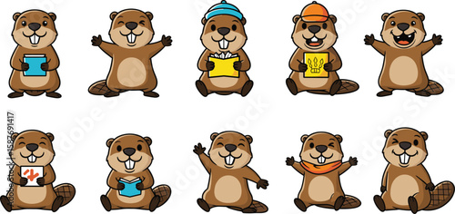 Cartoon beaver characters in various poses and activities, holding signs and books.