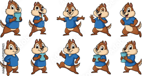 Chipmunk cartoon character set with various poses and expressions wearing a blue shirt isolated.