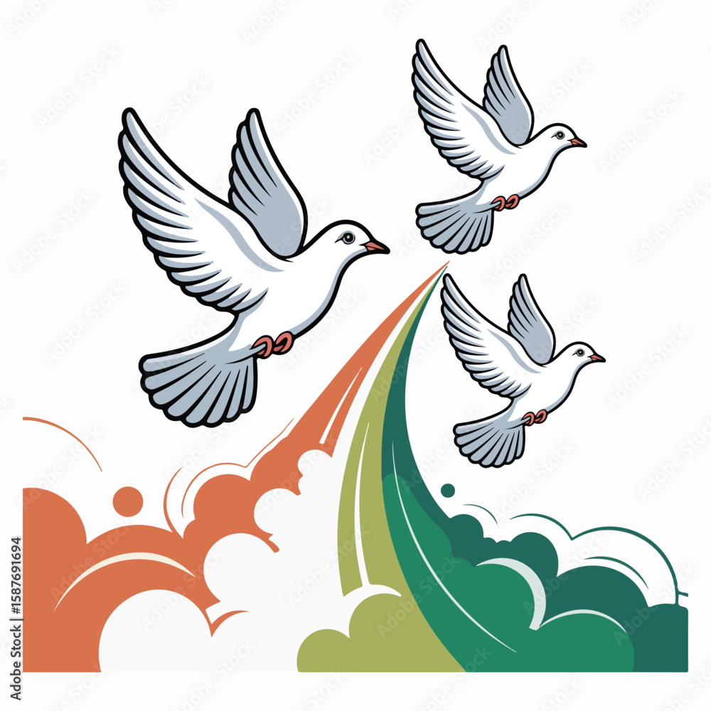 Fototapeta premium Three white doves flying with colorful abstract background