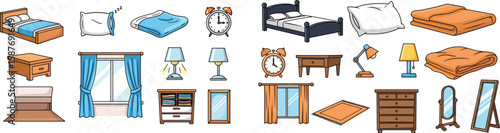 Cartoon bedroom furniture set, including beds, pillows, lamps, and dressers, arranged in a neat, colorful display.