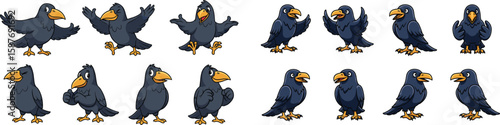 Cartoon crows in various poses, standing and gesturing on a white background.