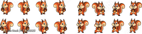 Cartoon squirrels holding acorns, playful vector illustration set