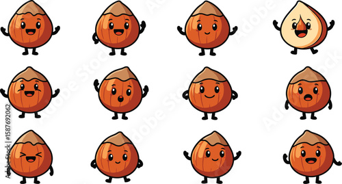Collection of animated hazelnut characters with various expressions and poses isolated on white background.