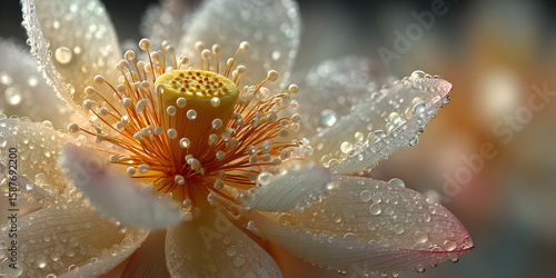 Extreme close up macro shot of a delicate white lotus flower covered in glistening water droplets on its petals and stamen
