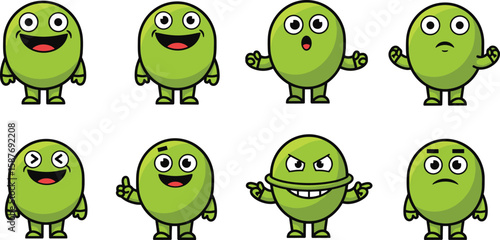 Set of green cartoon character vector with various expressions and gestures.