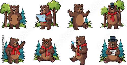 Cartoon brown bears in various poses: reading, singing, waving, and holding a torch in an outdoor setting.
