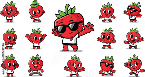 Cartoon strawberry character set in various poses and wearing accessories.