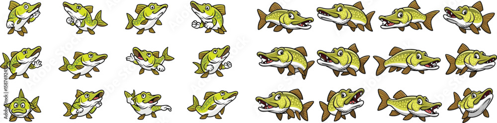 Fototapeta premium Cartoon northern pike fish poses set, showing different angles and expressions