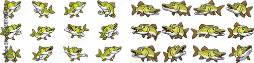 Cartoon northern pike fish poses set, showing different angles and expressions