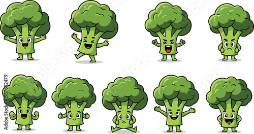 Cartoon broccoli characters express various emotions in a cheerful, expressive collection.