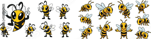 Cartoon bee characters with various poses and expressions vector set