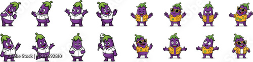 Cartoon eggplant mascot characters in various poses, outfits, and expressions vector set
