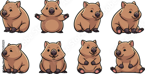 Set of cartoon wombat vector illustrations in different sitting poses.