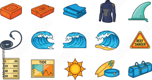Cartoon surfing gear and wave icons: wax, wetsuit, fin, leash, towel, sign, surfboards, tides, bag, and sun.