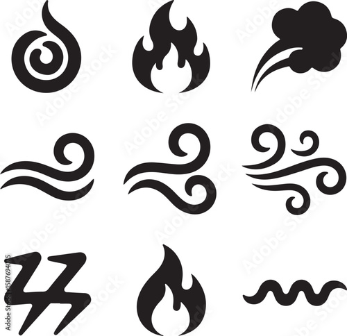Black elemental symbols swirling fire wind water lightning